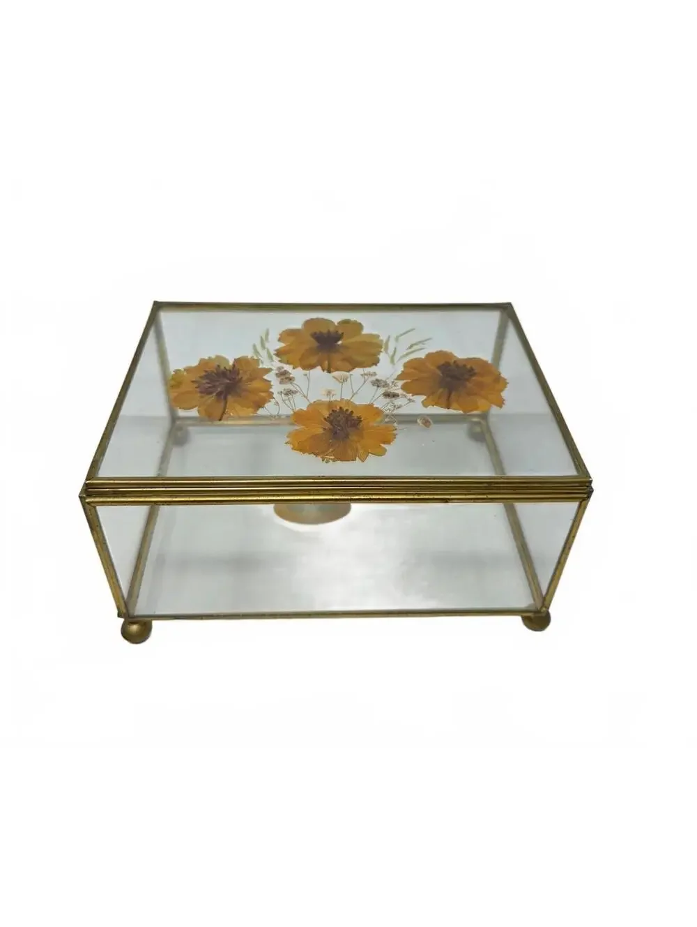 Vintage California Blossoms Pressed Flower Glass Jewelry Box Pan Pacific